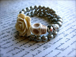Vanilla Rose & Silver Sugar Skull Bracelet - Double Wrapped Memory Wire