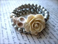 Vanilla Rose & Silver Sugar Skull Bracelet - Double Wrapped Memory Wire