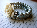 Vanilla Rose & Silver Sugar Skull Bracelet - Double Wrapped Memory Wire